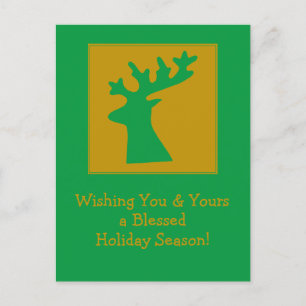 Personalised Holiday Reindeer Head Gold Green Postcard