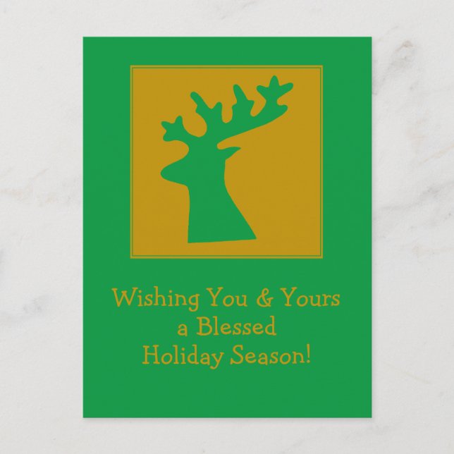 Personalised Holiday Reindeer Head Gold Green Postcard (Front)