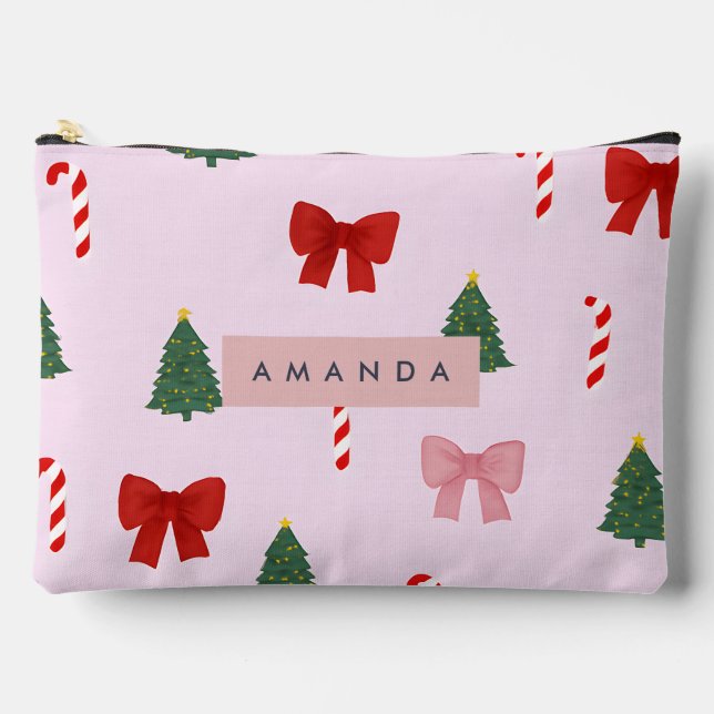 Personalised Holiday Tree & Candy Cane Pattern Accessory Pouch (Front)