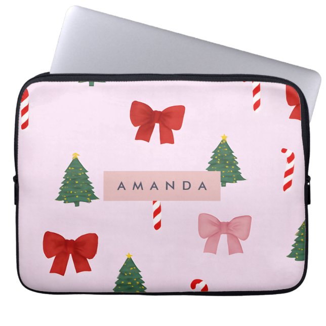 Personalised Holiday Tree & Candy Cane Pattern Laptop Sleeve (Front)