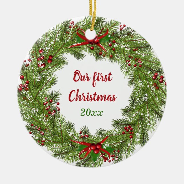 Personalised Holiday Wreath Christmas Ceramic Orna Ornament (Front)