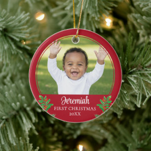Personalised Holly BABY'S FIRST CHRISTMAS Ceramic Ornament