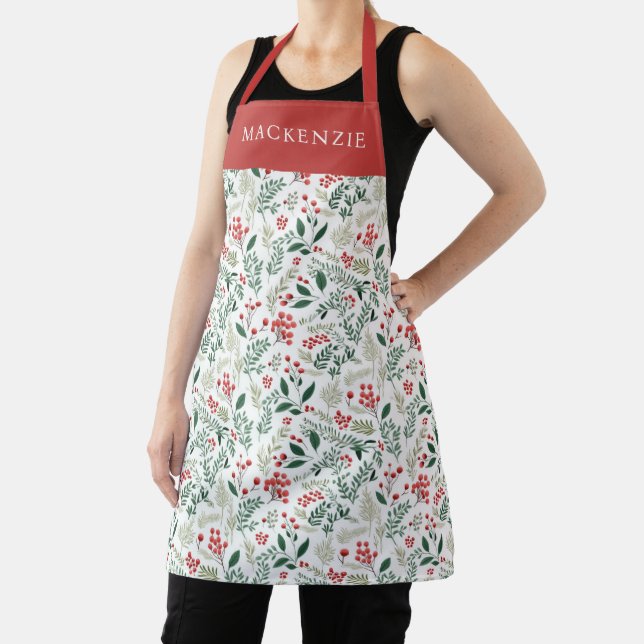 Personalised Holly Berries Greenery Pattern Apron (Insitu)