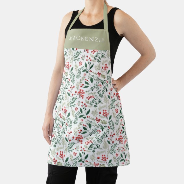 Personalised Holly Berries Greenery Pattern Apron (Insitu)
