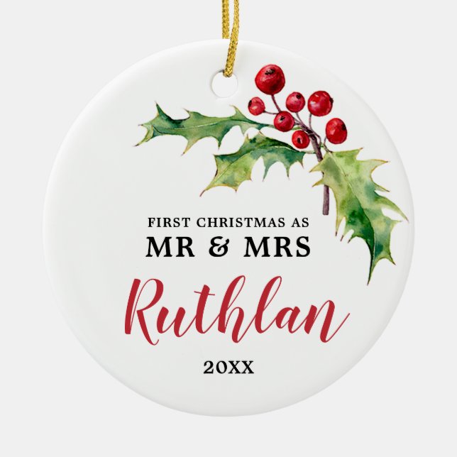 Personalised Holly Berry Greenery Newlyweds Custom Ceramic Ornament (Front)