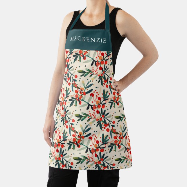 Personalised Holly Berry Pattern Apron (Insitu)