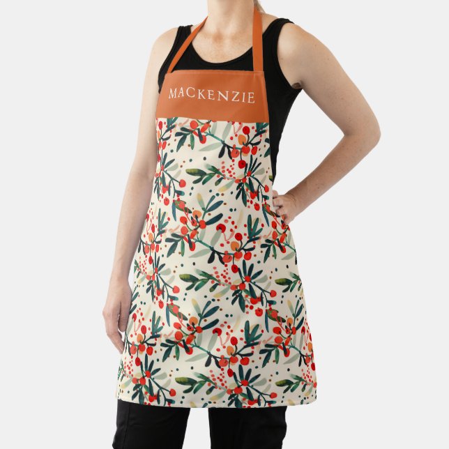 Personalised Holly Berry Pattern Apron (Insitu)