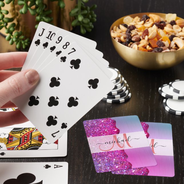 Personalised Holographic Iridescent Pink Monogram  Playing Cards (In Situ)