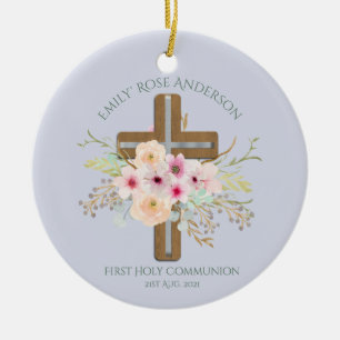 Personalised Holy Communion Floral Cross Ceramic Ornament