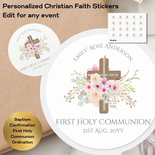 Personalised Holy Communion Floral Cross Classic Round Sticker (Creator Uploaded)