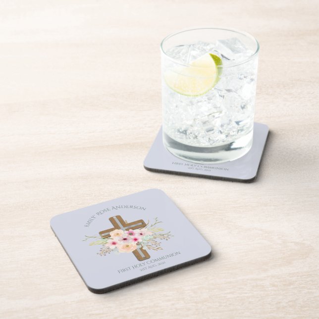 Personalised Holy Communion Floral Cross Coaster (Right Side)
