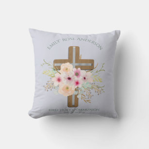 Personalised Holy Communion Floral Cross Cushion