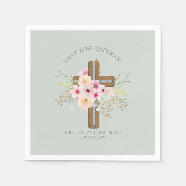 Personalised Holy Communion Floral Cross Napkin (Front)