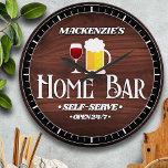 Personalised Home Bar Theme Large Clock<br><div class="desc">Fun barware decor with this personalised wall clock featuring any first name,  couple's,  family or business name. Cute clipart wine glass and beer stein on a faux walnut grain background. Personalised for a one-of-a-kind gift.</div>