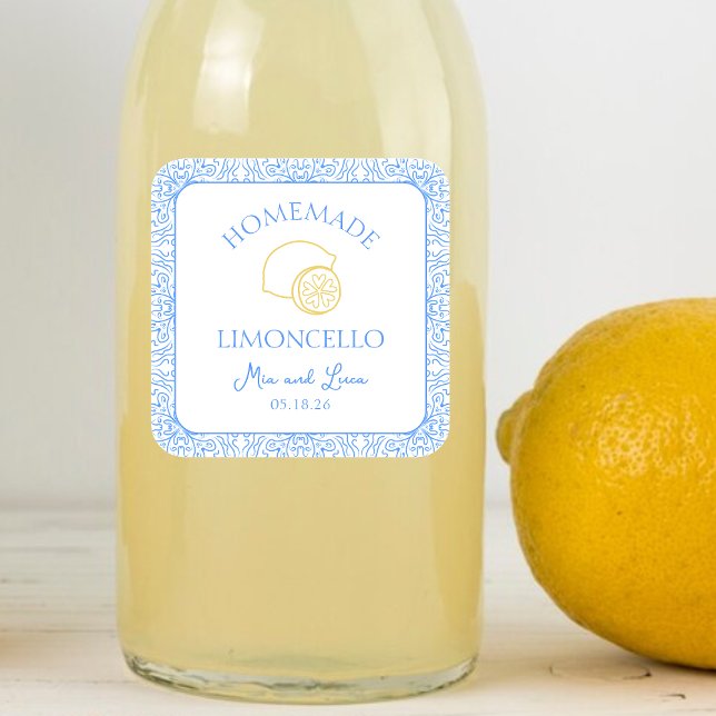 Personalised Homemade Limoncello Bottle Wedding Square Sticker (Elevate your limoncello favors with this chic blue and yellow label, customizable for your big day,)