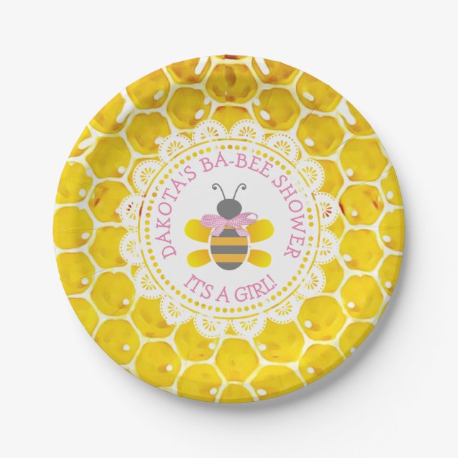 Personalised Honey and Bee Baby Shower ITS A GIRL Paper Plate (Front)