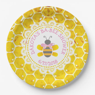 Personalised Honey and Bee Baby Shower  Pink Bow Paper Plate