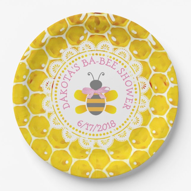 Personalised Honey and Bee Baby Shower  Pink Bow Paper Plate (Front)