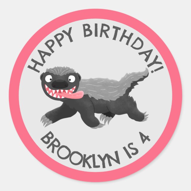 Personalised honey badger cartoon birthday classic round sticker (Front)