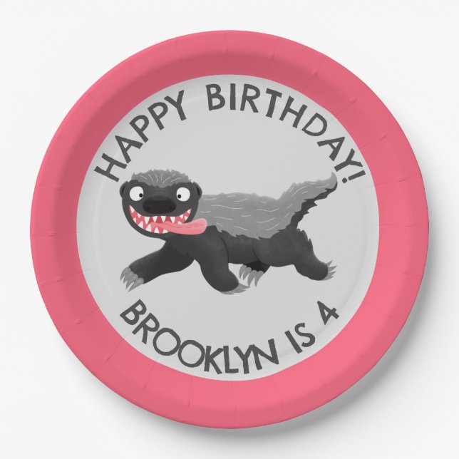 Personalised honey badger cartoon birthday paper plate (Front)