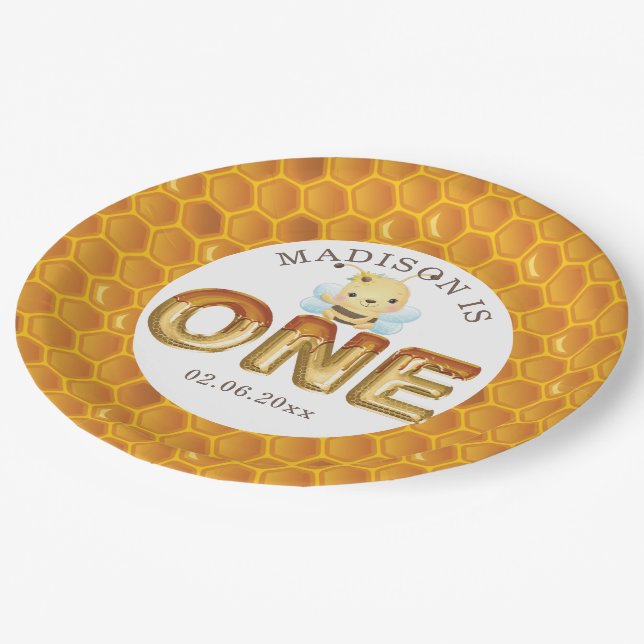 Personalised Honey Bee First Birthday Paper Plate (Angled)