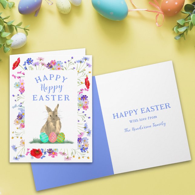 Personalised Hoppy Easter Cute Bunny Boho Floral Card (Personalized happy hoppy Easter cute bunny watercolor wildflower spring floral folded holiday card)