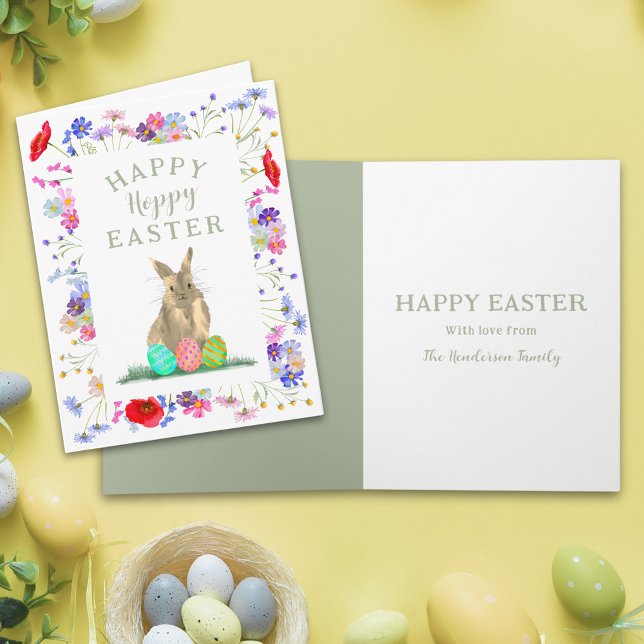Personalised Hoppy Easter Cute Bunny Spring Floral Card (Personalized happy hoppy Easter cute bunny watercolor wildflower spring floral folded holiday card)