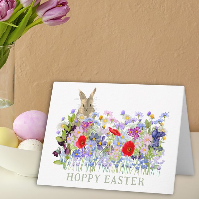 Personalised Hoppy Easter Cute Bunny Wildflower Card (Hoppy Easter bunny and wildflower watercolor custom folded holiday greetings card)