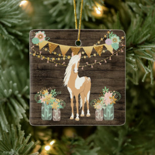 Personalised Horse and Flowers Rustic Christmas Ceramic Ornament