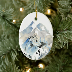 Personalised Horse and Mountains Christmas Ceramic Ornament
