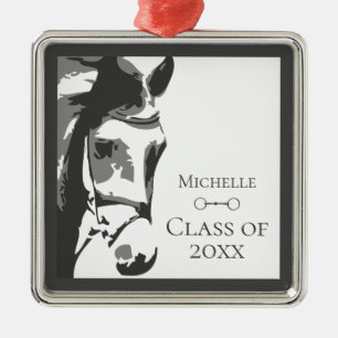 Personalised Horse and Snaffle Bit Grey Graduation Metal Ornament