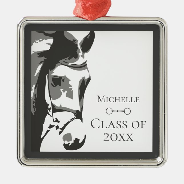Personalised Horse and Snaffle Bit Grey Graduation Metal Ornament (Front)