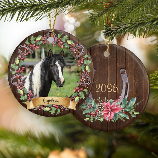 Personalised Horse Photo Rustic Christmas Ceramic Ornament (Creator Uploaded)