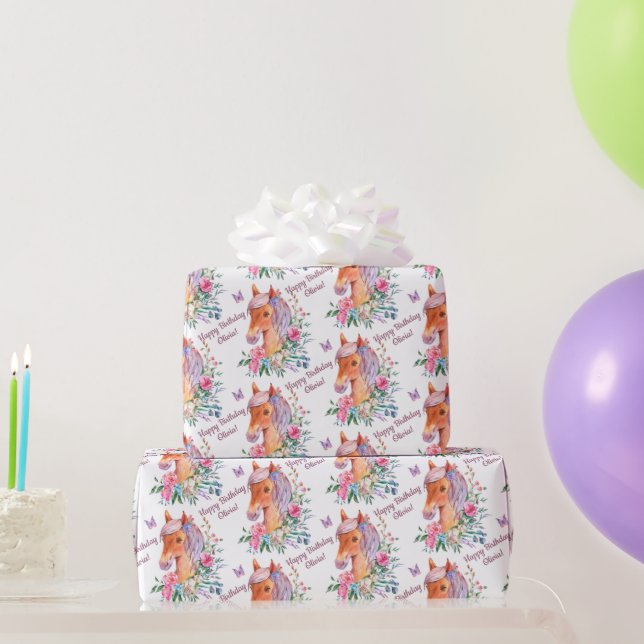 Personalised horse with flowers girls birthday wrapping paper (Party Gifts)