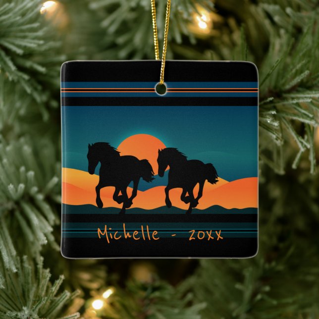 Personalised Horses Mountain Sunset Christmas Ceramic Ornament (Tree)