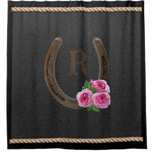 Personalised Horseshoe With Pink Roses on Black Shower Curtain