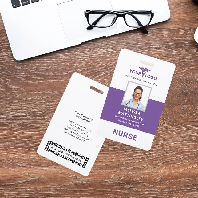 Personalised Hospital Employee Logo and Photo ID ID Badge (Purple Nurse Photo ID Card with Barcode)