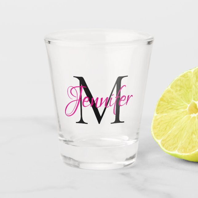 Personalised Hot Pink and Black Monogram Shot Glass (Front)