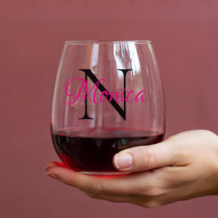 Personalised Hot Pink and Black Monogram Stemless Wine Glass