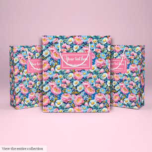 Personalised hot pink and blue floral gift wrap medium gift bag