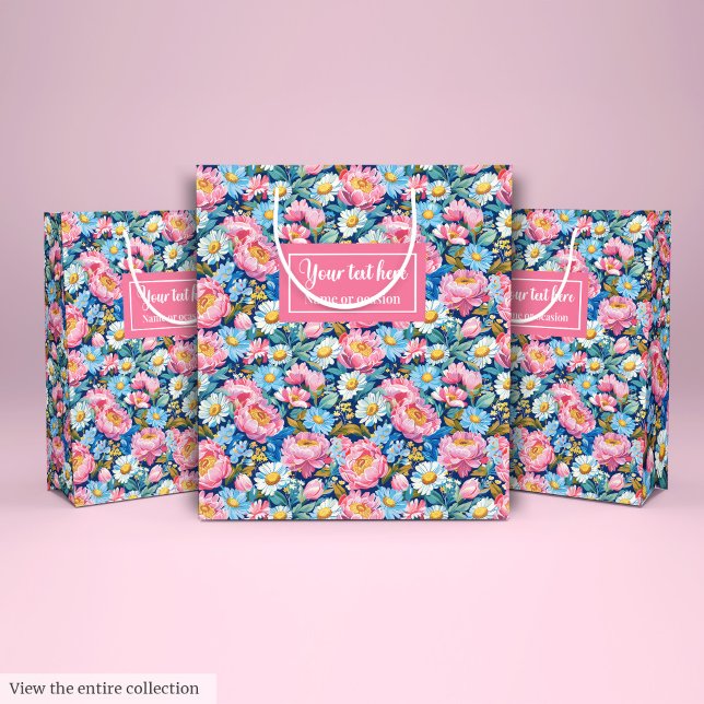 Personalised hot pink and blue floral gift wrap medium gift bag (Personalized hot pink and blue floral gift wrap Medium Gift Bag)