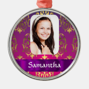 Personalised hot pink and gold damask metal ornament