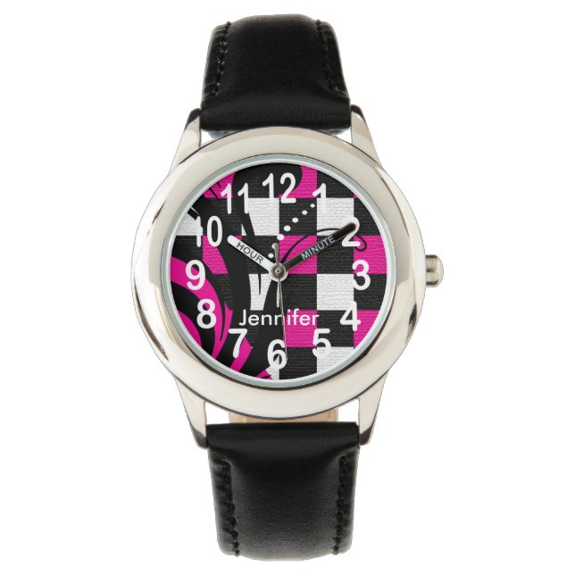 Personalised Hot Pink, Black and White Abstract Watch (Front)