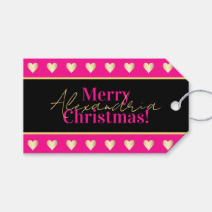 Personalised Hot Pink Black Gold Heart Christmas Gift Tags