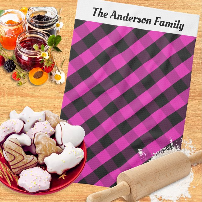 Personalised Hot Pink Buffalo Plaid Check Pattern  Tea Towel (A personalized pink buffalo plaid tea towel, ideal for the festive season)