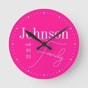 Personalised Hot Pink Family Name Round Clock