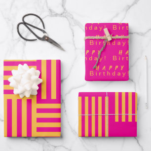 Personalised Hot Pink Warm Yellow Stripes Birthday Wrapping Paper Sheet