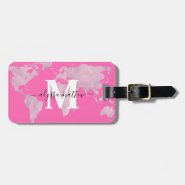 Personalised Hot Pink World Map Custom Monogram Luggage Tag