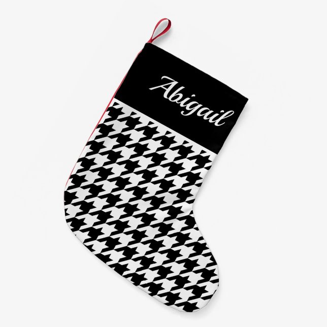 Personalised Houndstooth Pattern Black White Small Christmas Stocking (Front (Hanging))