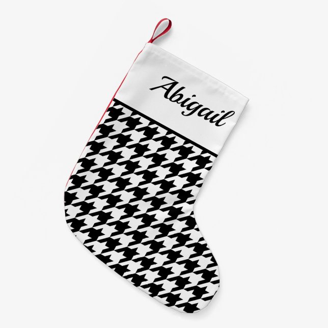 Personalised Houndstooth Pattern White Black Small Christmas Stocking (Front (Hanging))